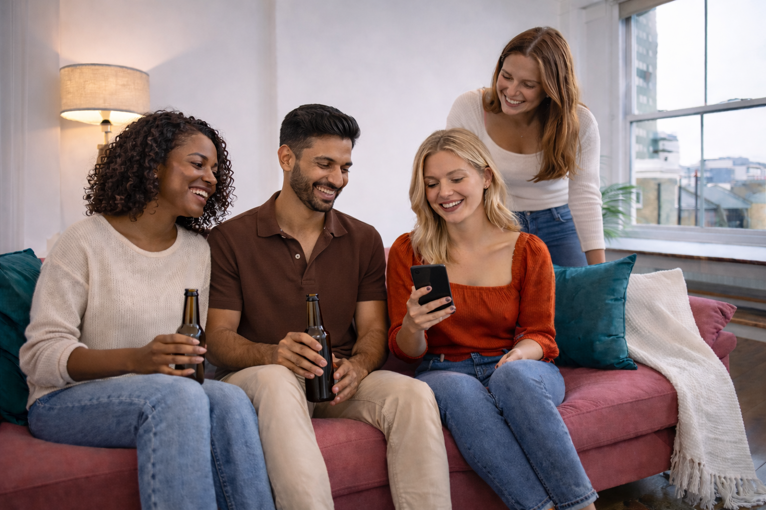 Group of friends relaxing together on the sofa in the apartment living room
