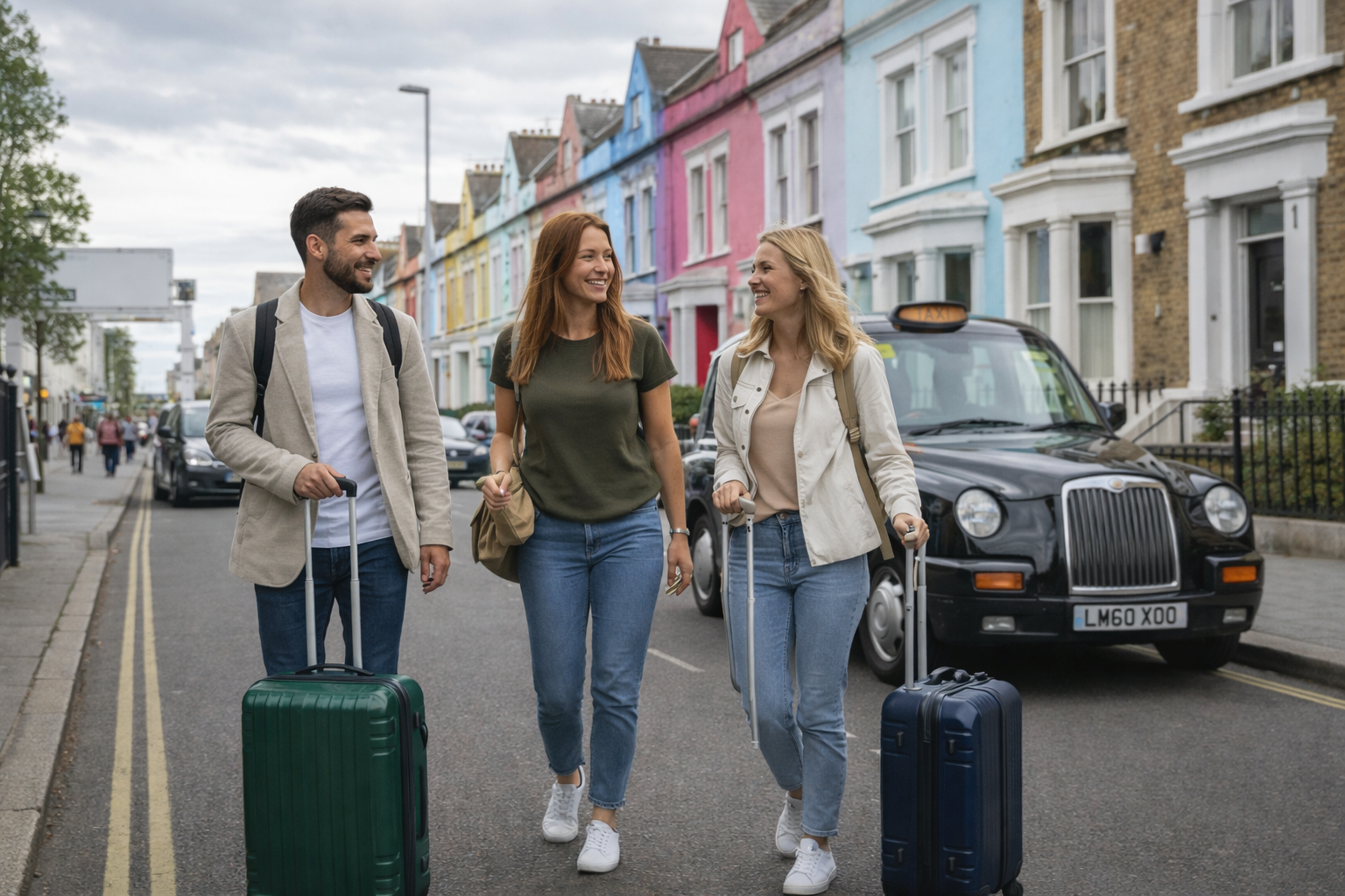 International travellers with luggage walking through colourful Notting Hill streets
