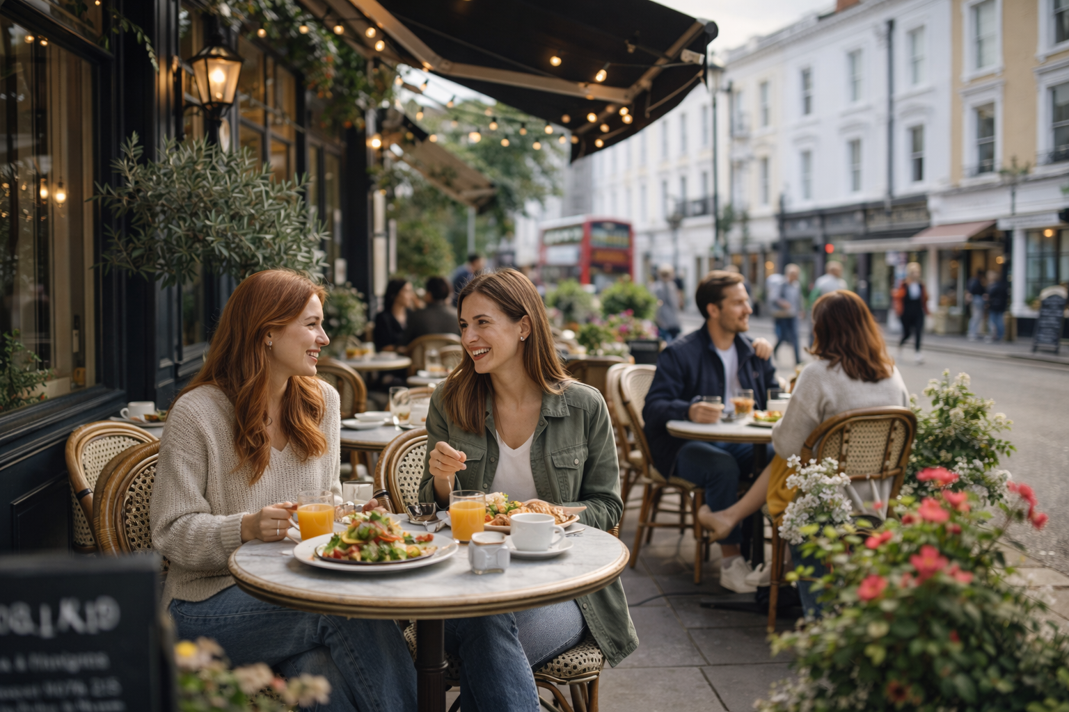 Friends enjoying brunch at outdoor café in Notting Hill