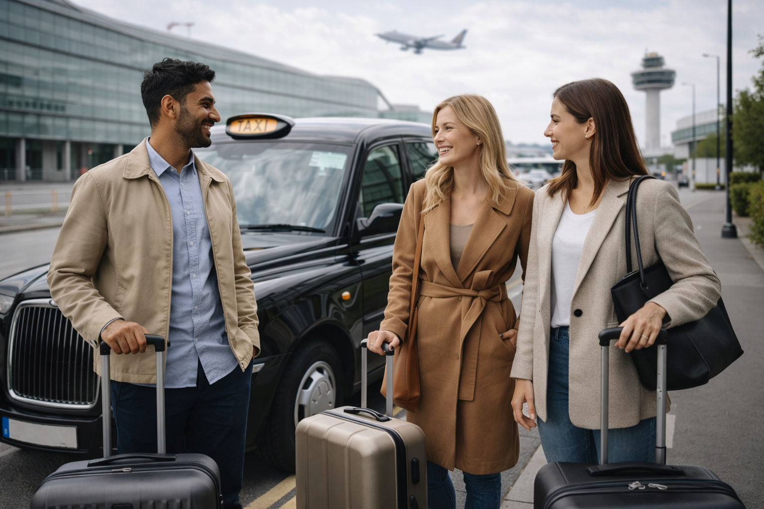Travellers with luggage at Heathrow Airport taxi rank