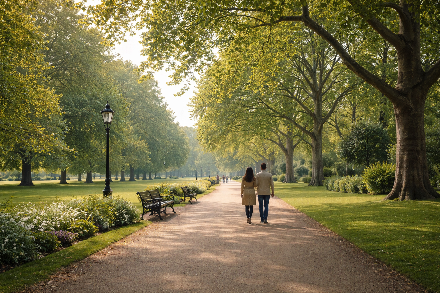 Couple walking through tree-lined path in Hyde Park, London