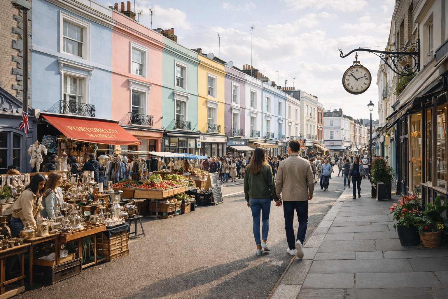 Bustling Portobello Road Market with colourful Victorian houses